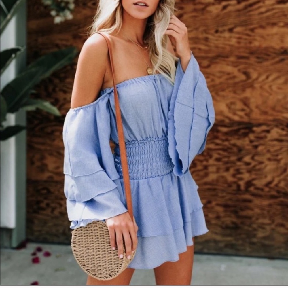 Vici Blue Off-Shoulder Romper with Flutter Sleeves